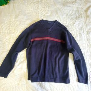 Nautica Long Sleeve Sweater Men's Stripe Blue Grey Red Warm V-Neck Ribbed